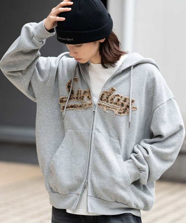 WEGO 【ユニセックス着用ITEM/SMLサイズ展開】レオパードワッペンダブルZIPパーカー 杢グレー