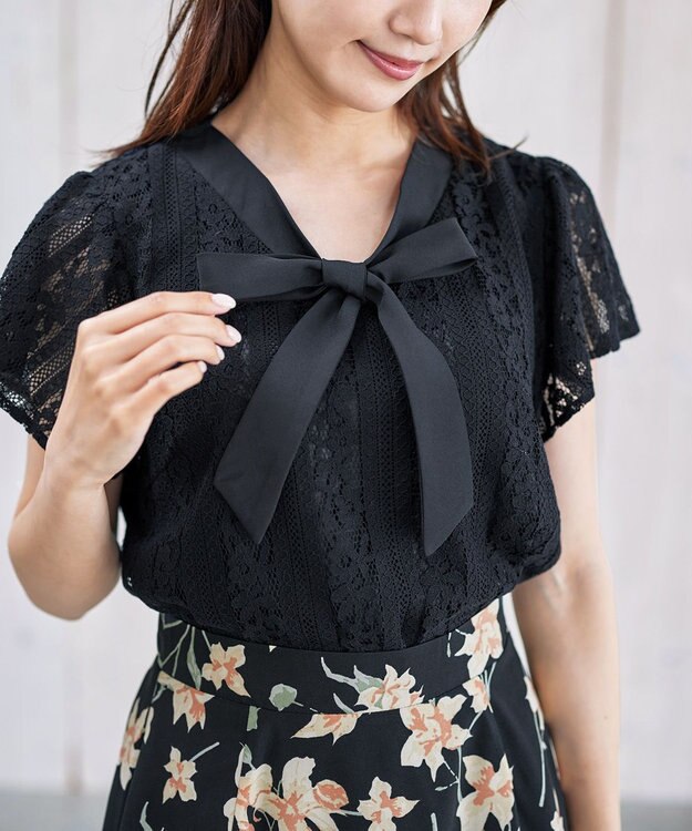 Tiaclasse 【洗える】幅広く活躍が期待できるボウタイレースブラウス ブラック