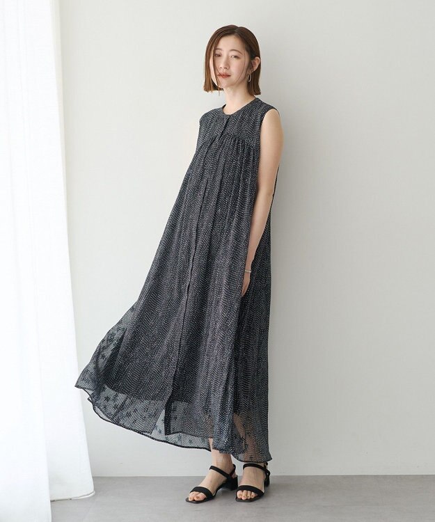 YECCA VECCA シアードット柄ギャザーワンピース Black
