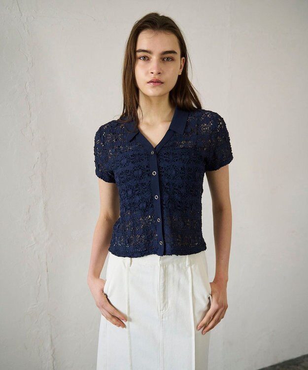 GRACE CONTINENTAL レースカットスキッパートップ ネイビー