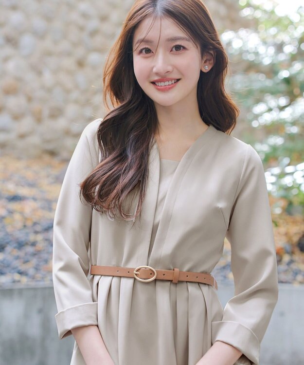 Tiaclasse L 【ダブルクロス・洗える】 ナローVネックワンピース グレージュ