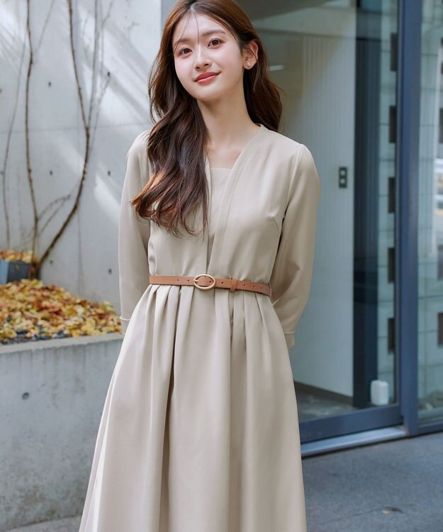 Tiaclasse L 【ダブルクロス・洗える】 ナローVネックワンピース グレージュ