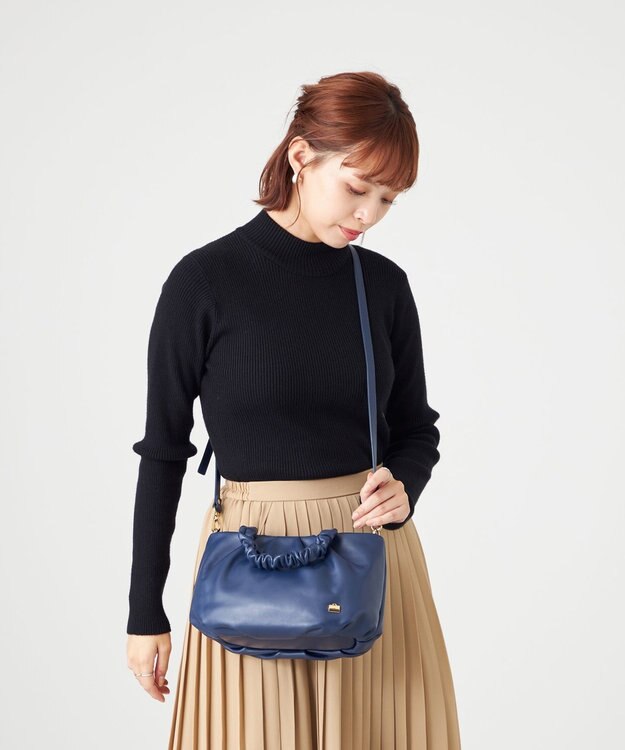LA BAGAGERIE シープレザー ギャザーハンドル2wayラウンドトートバッグ ネイビー
