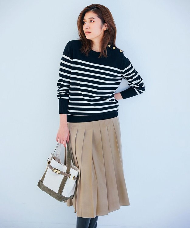 23区 L 【CLASSY.12月号掲載】セミウーステッドウール 肩ボタン ボーダー ニット  ブラック×オフホワイトボーダー