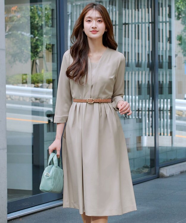 Tiaclasse L 【ダブルクロス・洗える】 ナローVネックワンピース グレージュ