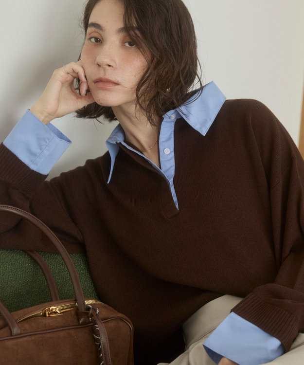 WEGO 【ANGIE VINTAGE】シャツ襟 ドッキング　フェイクレイヤード ニット トップス ブラウンその他