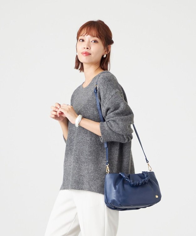 LA BAGAGERIE シープレザー ギャザーハンドル2wayラウンドトートバッグ ネイビー