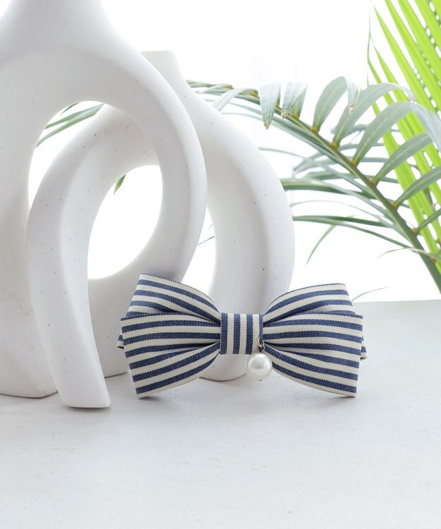 Tiaclasse ボーダーリボンバレッタ（パール付き） ネイビー