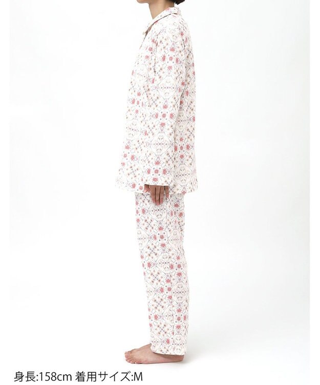 WACOAL ワコール_リラックス＆スリープ パジャマ 長袖 長ズボン 綿混(本体) ダブルジャカード素材 上下セット 前開き S~3L 大きいサイズ ミントン NDW423 /ワコール ホワイト