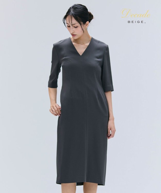 BEIGE， 【洗える】CINDY / Vネックハーフスリーブワンピース C.Gray x White