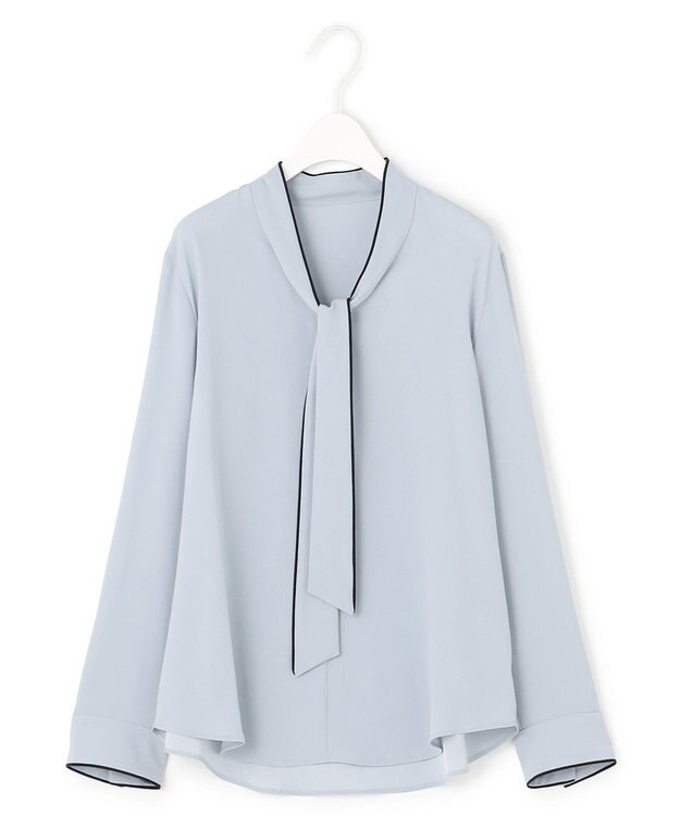 ICB L 【接触冷感・UVケア・速乾・洗える】BackSatinAmunzen 配色ボウタイブラウス サックスグレー系