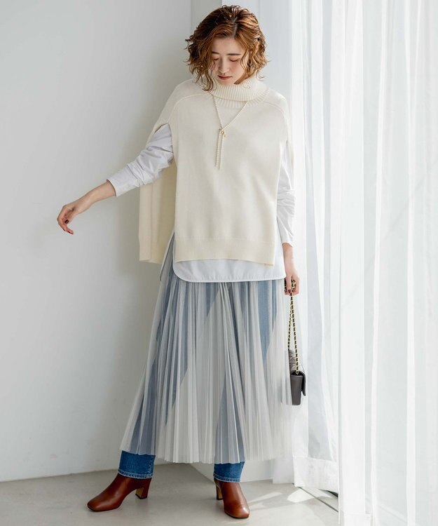 23区 L 【洗える】チュール プリーツ スカート グレイッシュベージュ