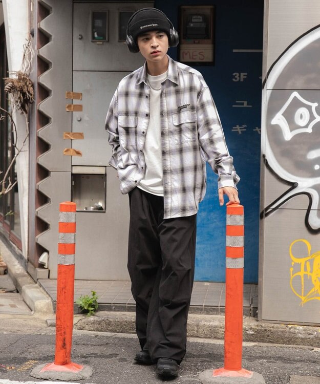 WEGO オンブレチェックグラフィックシャツ（LS） ホワイトチェック1