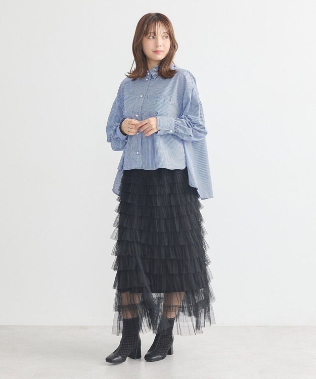 earth music&ecology オーバーフレアシャツ Stripe