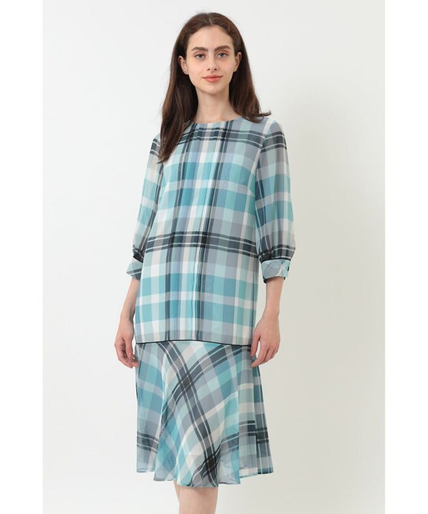 DAKS ビッグトランスチェックシフォンワンピース サックス