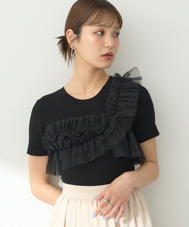 earth music&ecology アシメチュールフリルニットプルオーバー Black