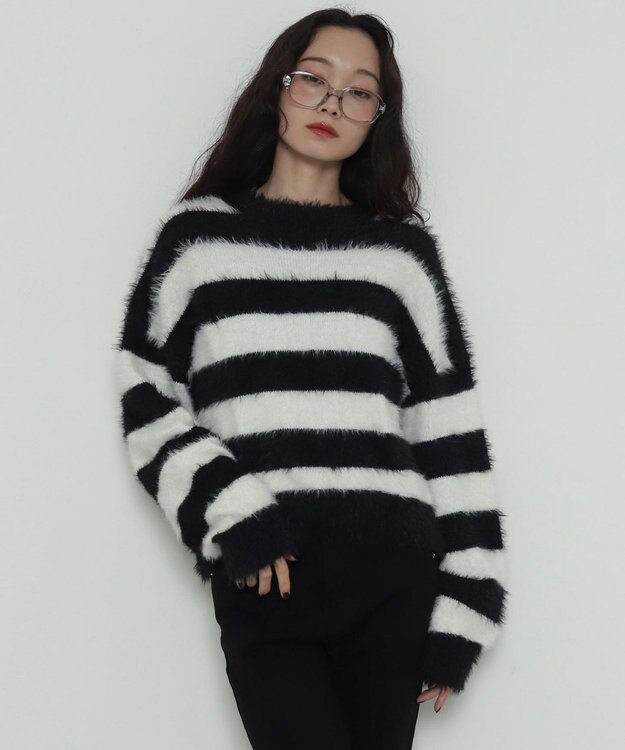 WEGO シャギーニットプルオーバー ホワイトボーダー