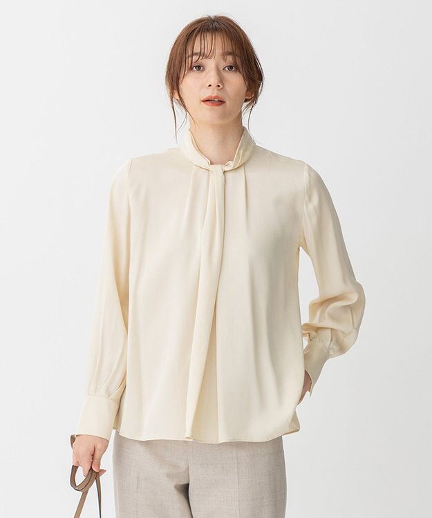 自由区 L 【洗える/UVケア/吸放湿性】シルクストレッチ ハイネックブラウス ベージュ系