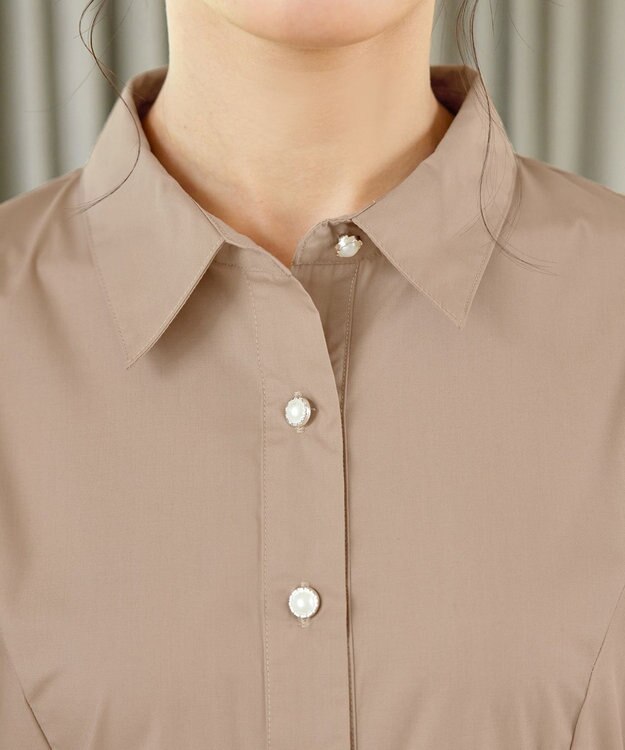 Tiaclasse L 【洗える】パール釦フレアシャツワンピース モカ