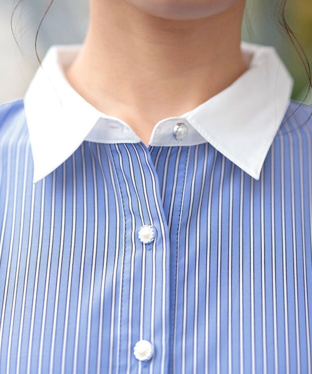 Tiaclasse L 【洗える】パール釦フレアシャツワンピース サックスストライプ