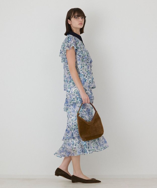 GRACE CONTINENTAL フラワープリントフリルスカート ブルー