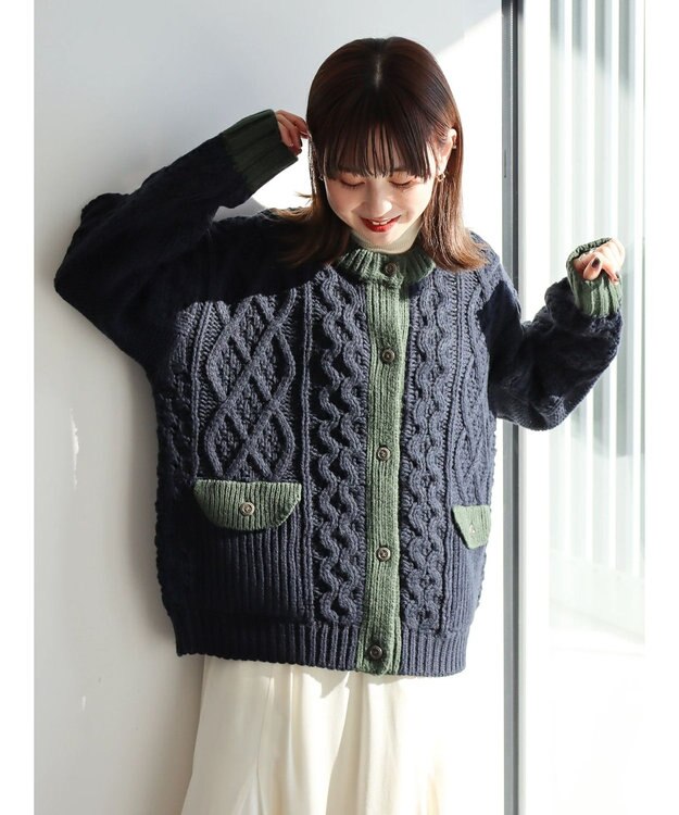 AMERICAN HOLIC 配色ケーブルニットカーディガン Navy