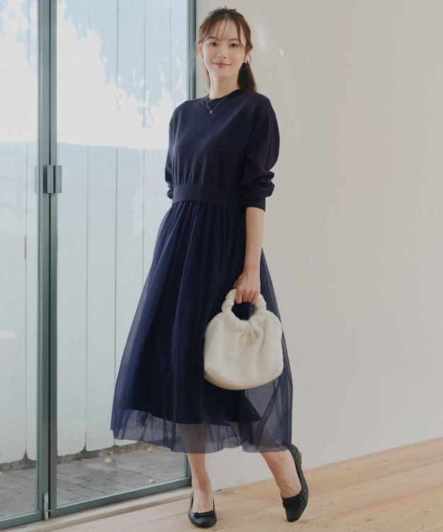 Tiaclasse 【洗える】チュールレースドッキングワンピース ネイビー