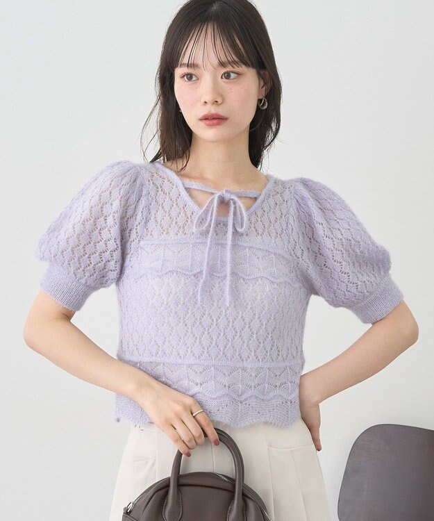 earth music&ecology キャットヤーン透かし編みニットプルオーバー Grayish Blue