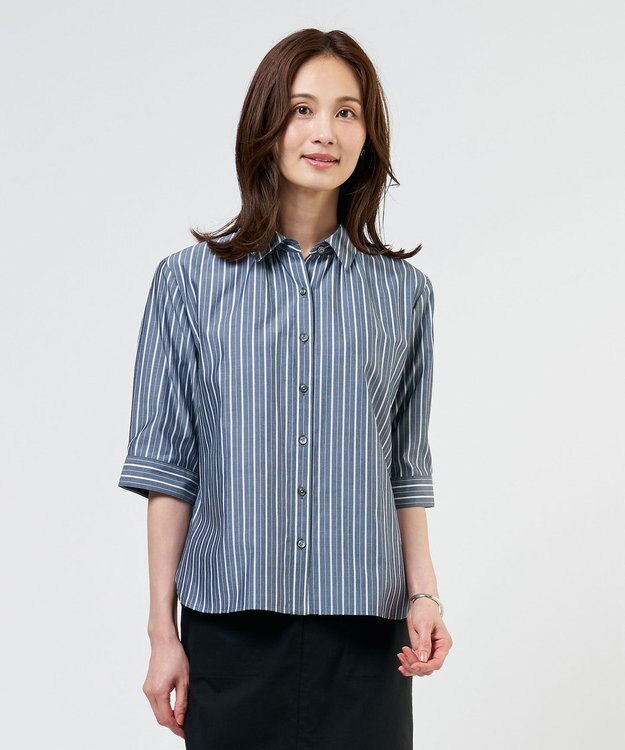 J.PRESS LADIES L 【シーンレスに活躍】セルロースカラミストライプ シャツ ブラウス ネイビー系