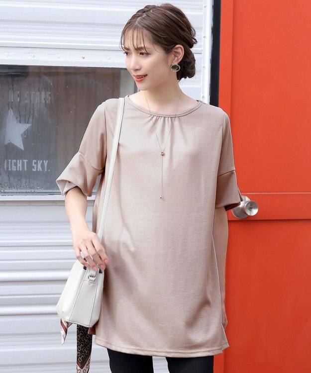 Tiaclasse 【洗える】フレアカフスポンチチュニックブラウス グレージュ