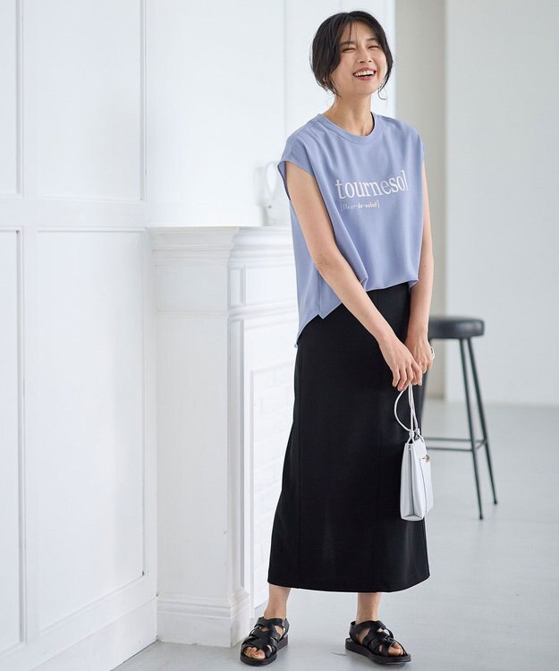 ANY L 【ウエストゴム】カットジョーゼットタイトスカート ブラック