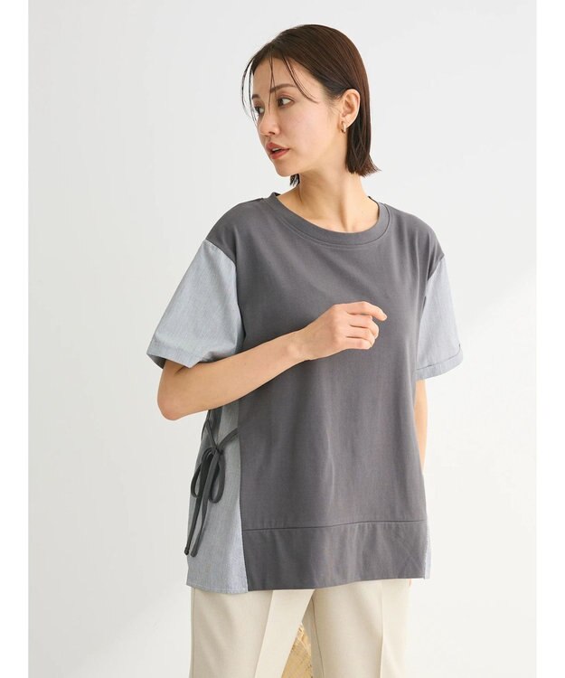 Green Parks 脇リボン５分袖布帛ドッキングプルオーバー Gray