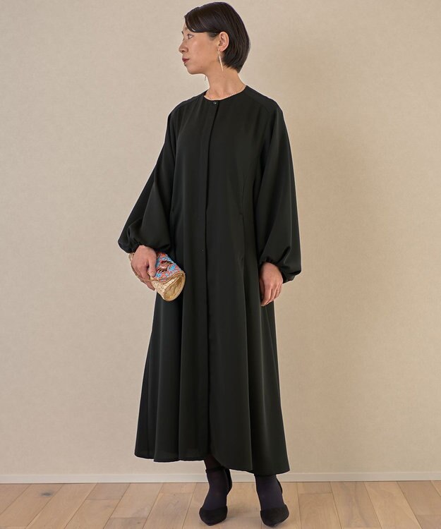 muuc ブラックフォーマルドレス〈礼服・ 喪服・日本製・オールシーズン〉〈上品なAライン・袖口ゴム・体型カバー・美しい落ち感〉〈冠婚葬祭・卒入学・日常着・前開き羽織り〉 ブラック
