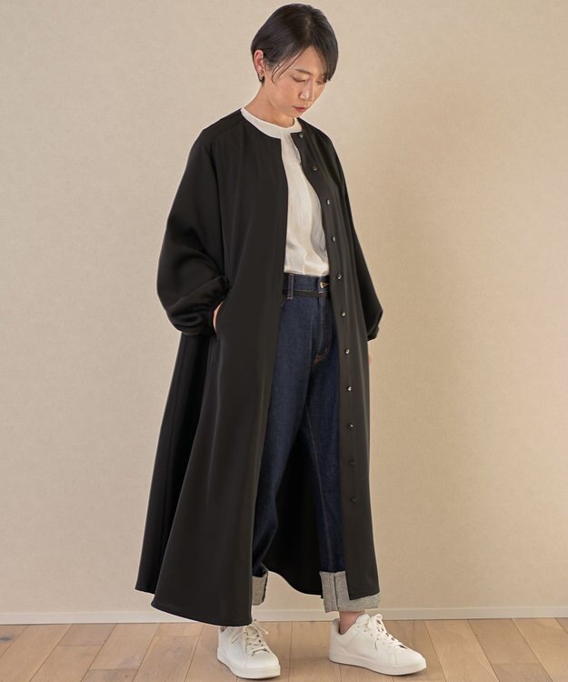 muuc ブラックフォーマルドレス〈礼服・ 喪服・日本製・オールシーズン〉〈上品なAライン・袖口ゴム・体型カバー・美しい落ち感〉〈冠婚葬祭・卒入学・日常着・前開き羽織り〉 ブラック