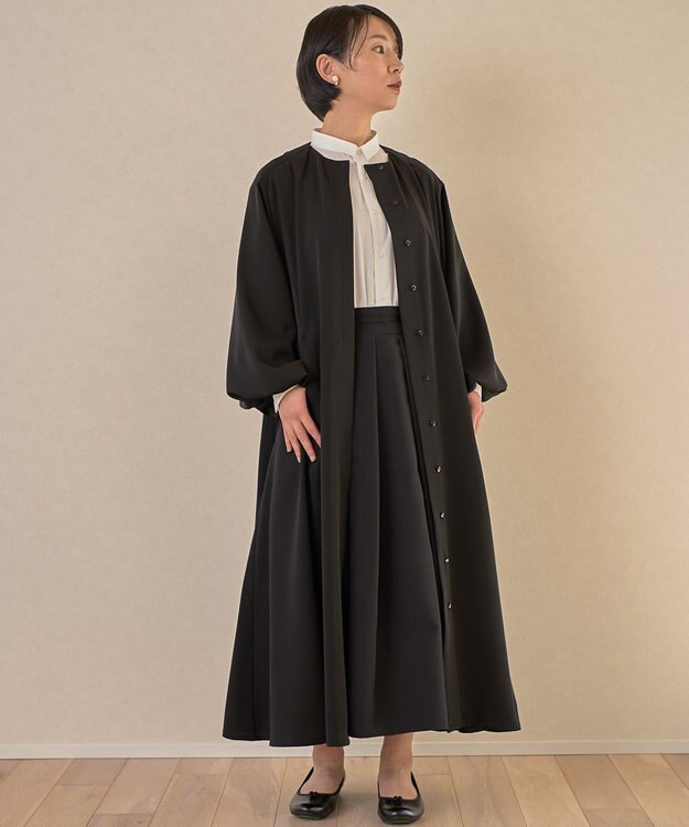 muuc ブラックフォーマルドレス〈礼服・ 喪服・日本製・オールシーズン〉〈上品なAライン・袖口ゴム・体型カバー・美しい落ち感〉〈冠婚葬祭・卒入学・日常着・前開き羽織り〉 ブラック