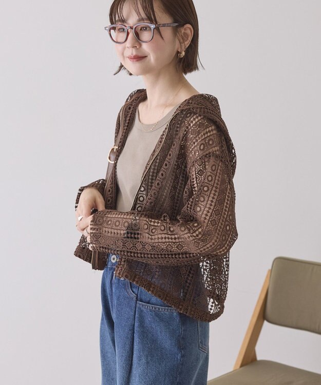 AMERICAN HOLIC 【先行予約】幾何学レースフードシャツ Brown