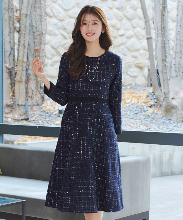 Tiaclasse 【安田美沙子さん着用・新色追加】配色ツイードワンピース ネイビー