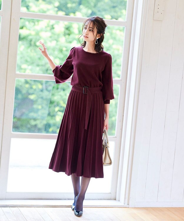 Tiaclasse 【洗える】1枚で着映えするパフ袖プリーツニットワンピース ワイン
