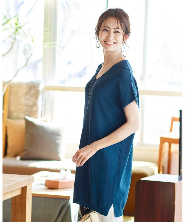 Tiaclasse L 【洗える】さらりと肌離れの良いフレンチスリーブニットチュニック ターコイズ