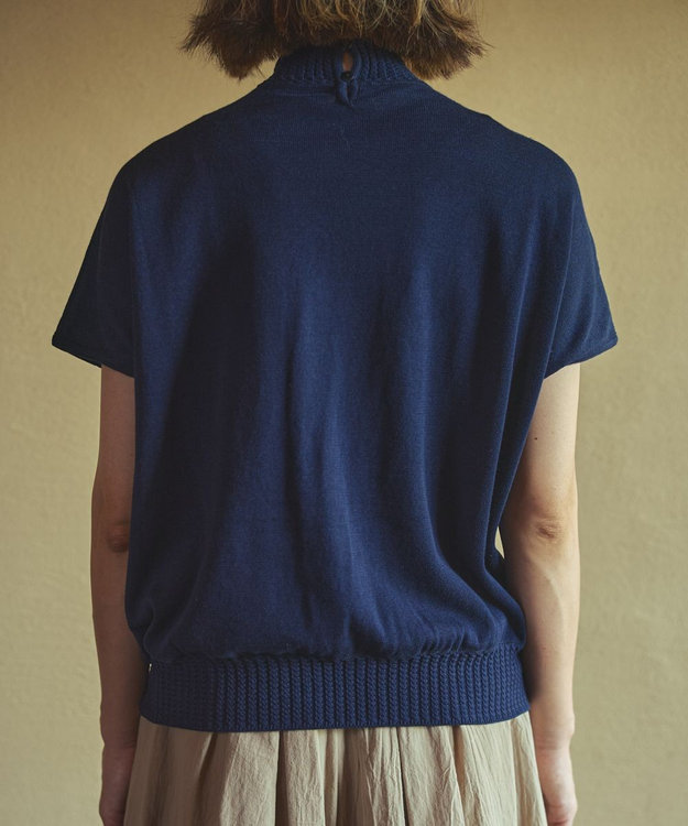 muuc ポピー刺繍フレンチスリーブプルオーバー〈日本製・高級綿100%の光沢と柔らかさ〉〈繊細な花刺繍〉〈大人の夏ニット〉〈ゆったりフリーサイズ〉 ネイビー