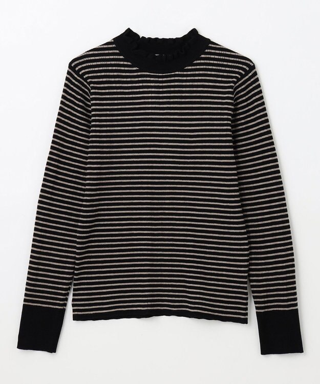 ANY 【洗濯機可/吸湿発熱】フリルネックリブニット ブラック×モカボーダー