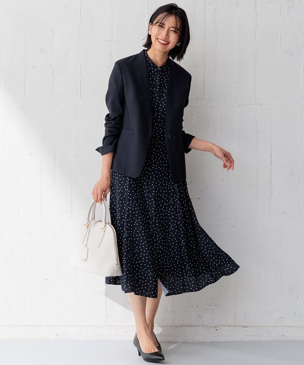 23区 【洗える/セットアップ対応】アイアスマットストレッチ ノーカラー ジャケット ネイビー系