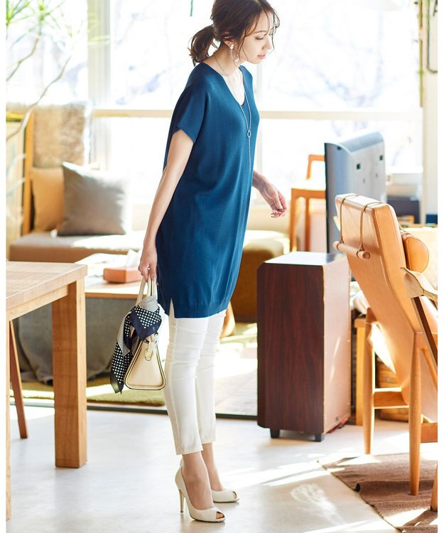 Tiaclasse L 【洗える】さらりと肌離れの良いフレンチスリーブニットチュニック ターコイズ