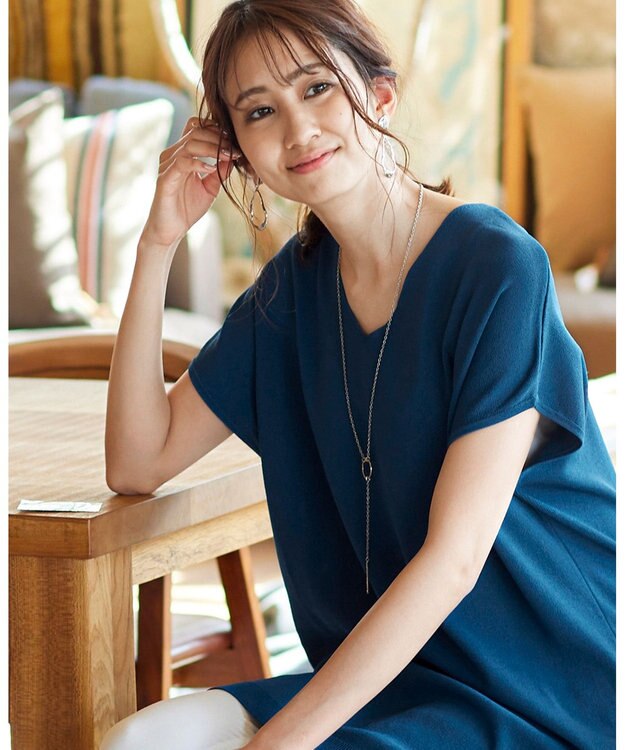 Tiaclasse L 【洗える】さらりと肌離れの良いフレンチスリーブニットチュニック ターコイズ