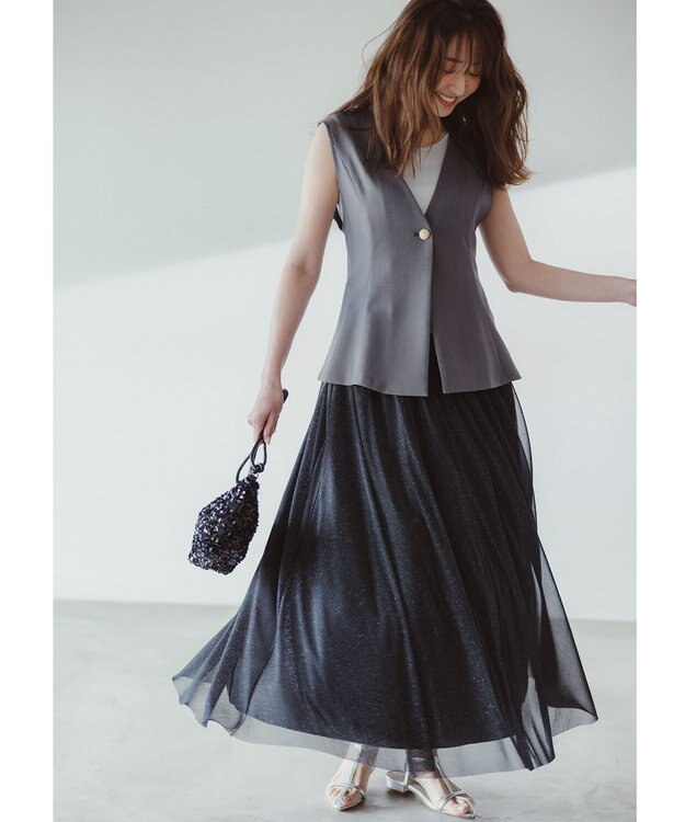 ANY SIS 【スタイリストコラボ】ジレ×ラメチュールスカート セットアップ グレー