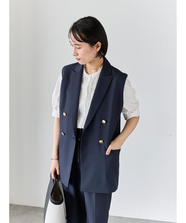Te chichi リネンライクダブルブレストジレ(セットアップ可) ネイビー