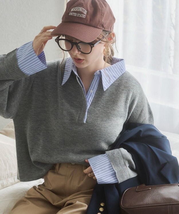 WEGO 【ANGIE VINTAGE】シャツ襟 ドッキング　フェイクレイヤード ニット トップス ライトグレー