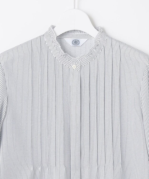 J.PRESS LADIES ソフトジョーゼット ストライプ プリント ブラウス ネイビーストライプ系