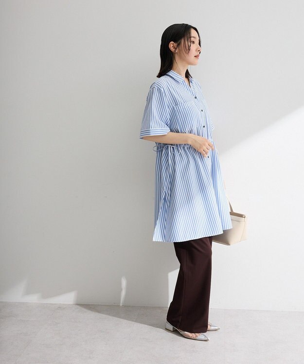 Green Parks ウエストリボンミディ丈ワンピース Stripe Blue