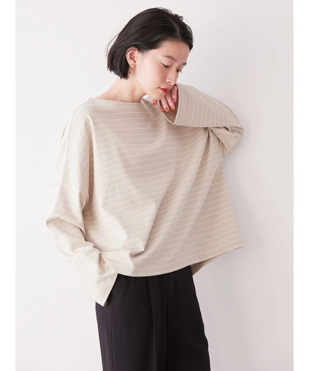 AMERICAN HOLIC ボートネックボーダープルオーバー Gray Beige